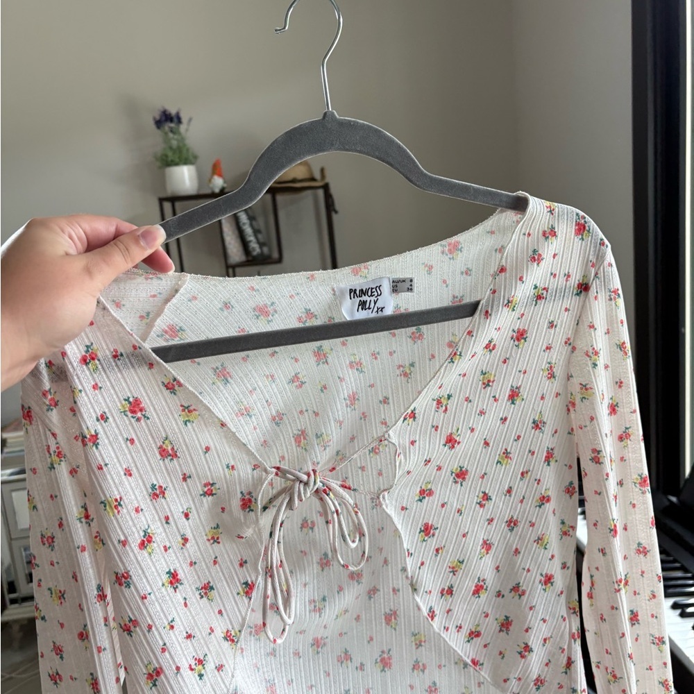 Princess Polly White and Pink Tie Front Ribbed Blouse - Picture 1 of 4